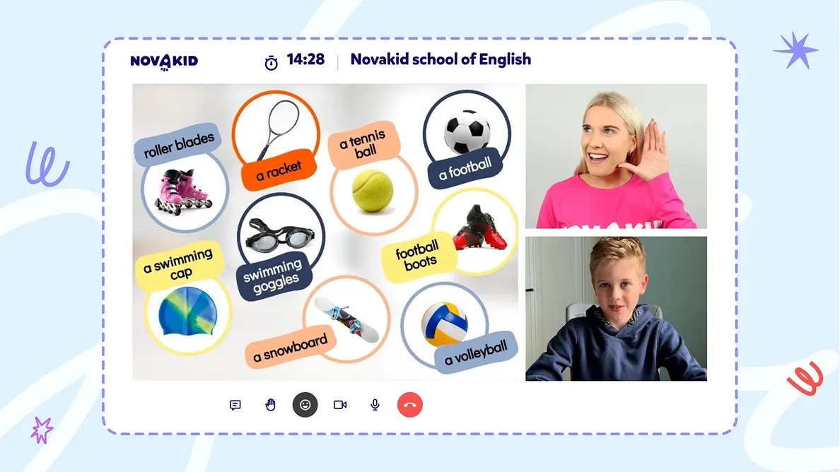 حصة Novakid أونلاين: معلمة وطفل يتعلمان مفردات الرياضة بالإنجليزية على شاشة تفاعلية